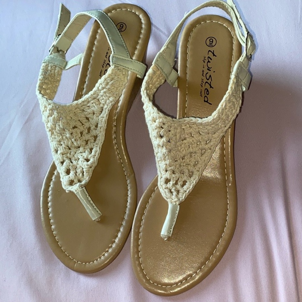 Buckle Cream Crochet Sandals T-Strap Slingback